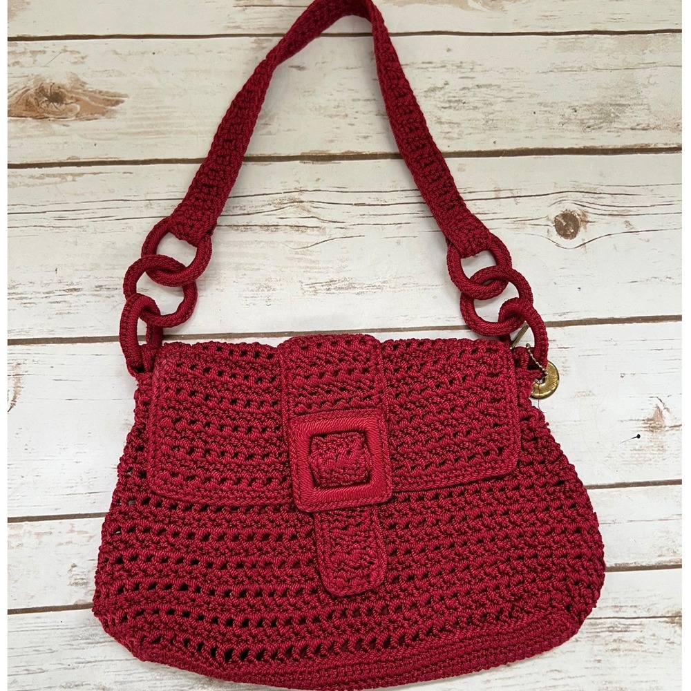 The Sak Crochet Shoulder Bag Red Knit Buckle Flap Boho Medium